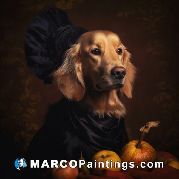 An old fashioned gold retriever in a black hat surrounded by apples