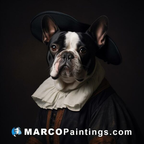 An old french bulldog wearing an old pirate hat dressed in an old style suit
