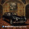 An old jaguar parked under a portrait painting