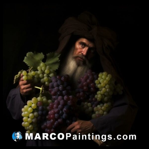 An old man holding a bunch of grapes