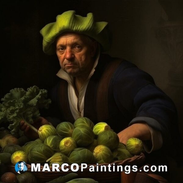 An old man in a green turban holding a basket of brussels sprouts