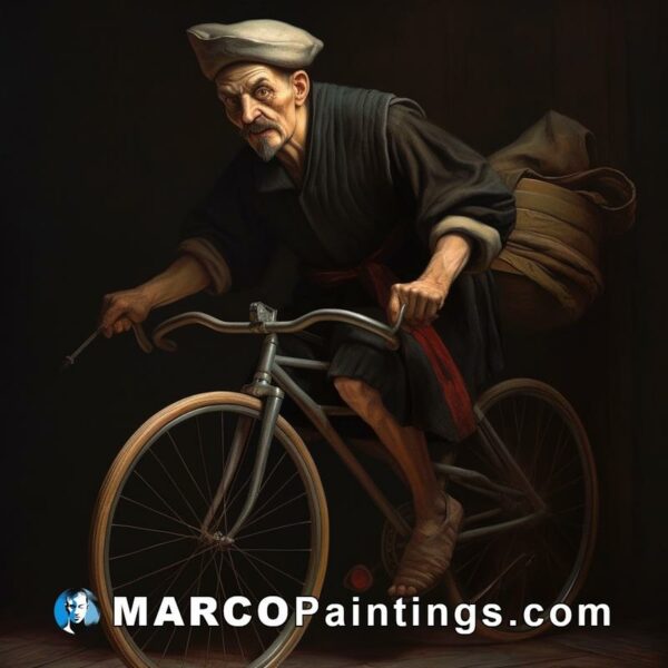 An old man on a bicycle is carrying a sack