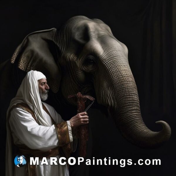 An old man sitting on a black background next to an elephant