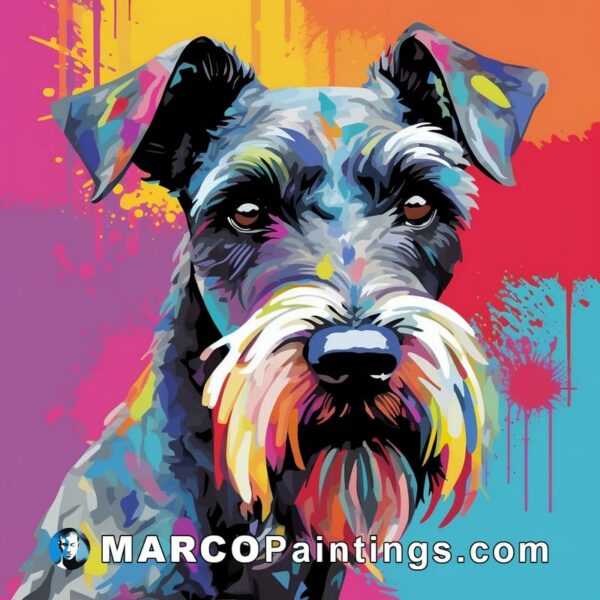 An old schnauzer dog printed by hand in a colorful color pattern