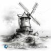 An old windmill which has been drawn in pencil and ink