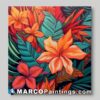 An orange and green painting of tropical flowers