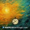 An orange and yellow painting of a clock in the sky