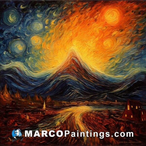 An orange painting of a mountain with stars over it