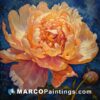 An orange peony is painted on a blue background