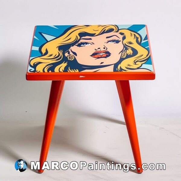 An orange side table with a pop culture comic design on it