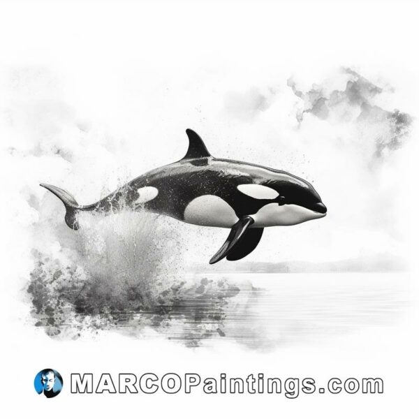 An orca jumps by a water at ink on paper
