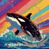 An orca whale jumping in the ocean with colorful art