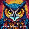 An owl is illustrated with colorful colors