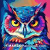 An owl is painted on a colorful background