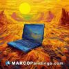 An painting of a laptop sitting on the ground behind a sun