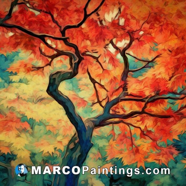 An painting of a tree with red and blue leaves in it