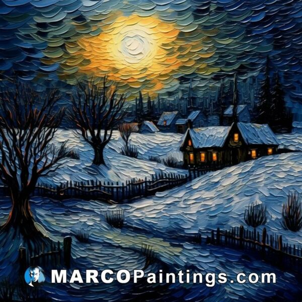 An painting of a winter night with a country house