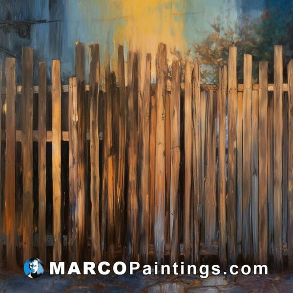 An painting of a wooden fence at sunset
