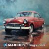 An painting of an old red car parked in a rain puddle