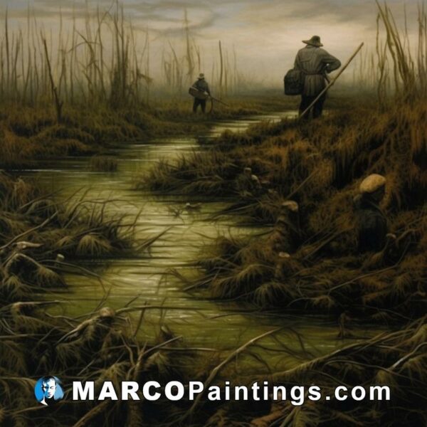 An painting of two men walking along the bank in a marsh