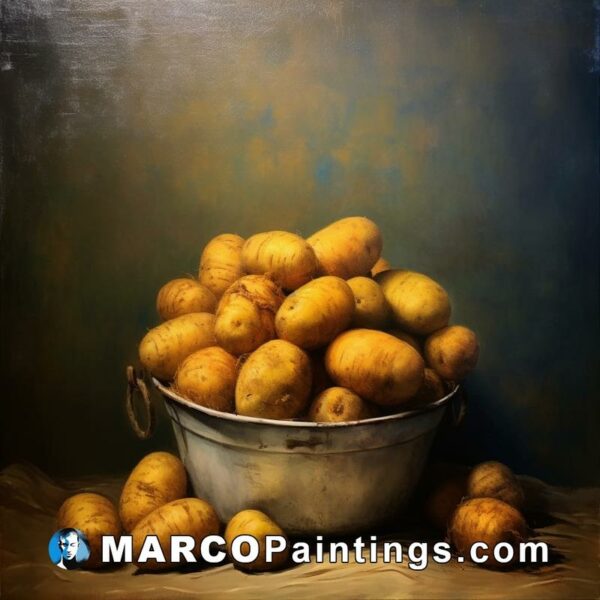 An painting with a large basket containing potatoes