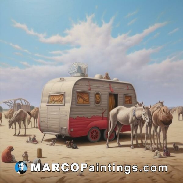 Animals by raymond henry is a realistic painting of an rv in the desert