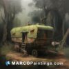 Another painting of a horse drawn camper in the forest