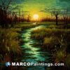Art landscape river vector illustration with a sunset