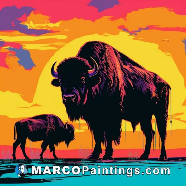 Art of the buffalo in the sunset