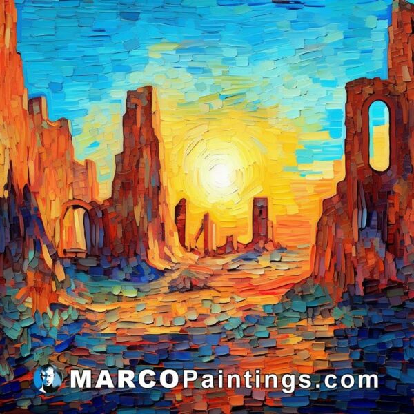 Art painting of a desert landscape with ruined buildings and sun