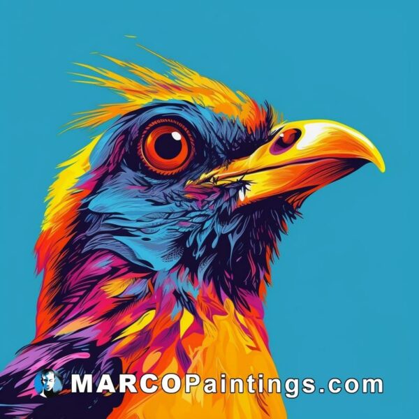 Artistic portrait of a brightly colored bird on blue background
