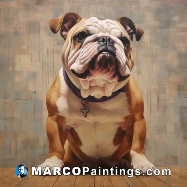 Artwork of a bulldog sitting on a wooden floor