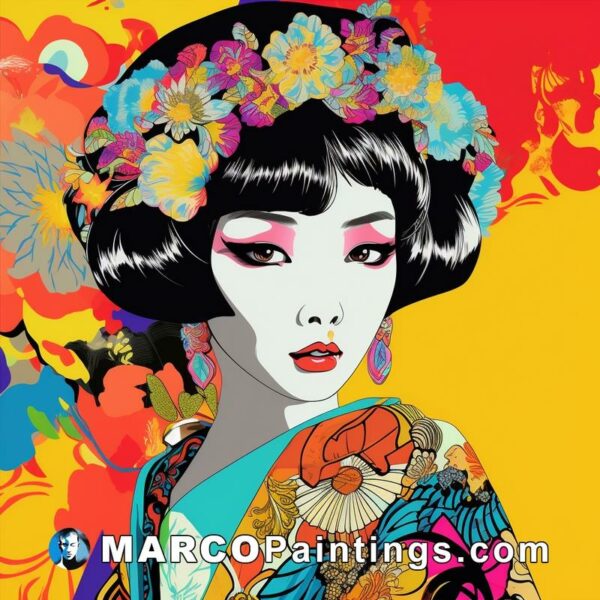 Artwork of a geisha woman with bright colors