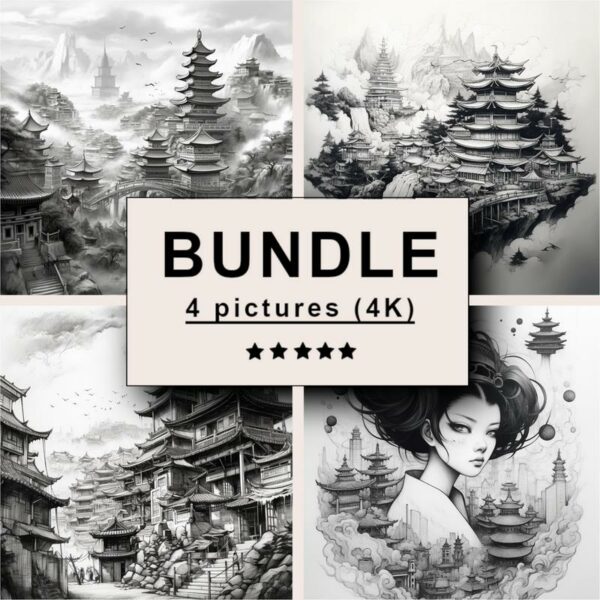 Asia Black White Draw Sketch Bundle