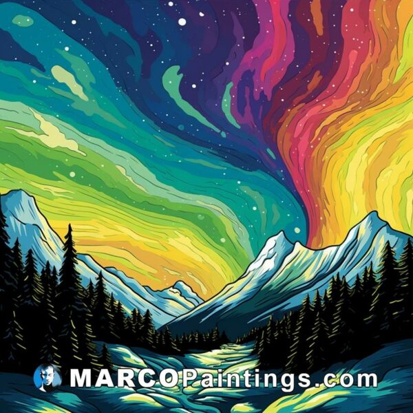 Aurora painting on a background with a colorful scene