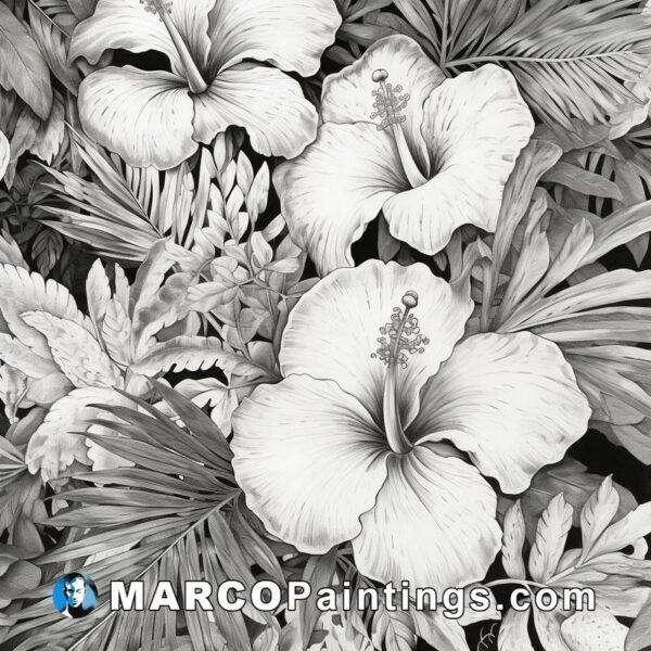 B and w drawing of tropical flowers