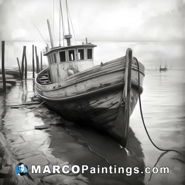 B/w drawing of a boat docked on the side of the water