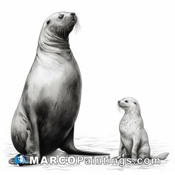 Baby and mother seal in a sketch drawing