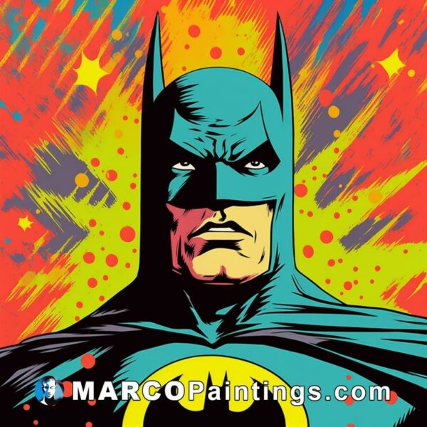 Batman's face is in colorful graffitistyle colors