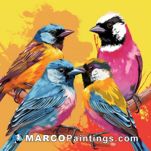 Birds sitting on a branch with colorful splashed background