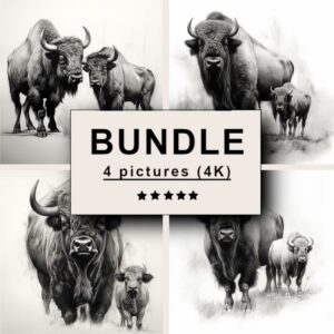 Bison and Buffalo Black White Draw Sketch Bundle