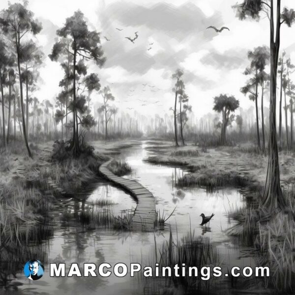 Black and white artwork of a swamp river