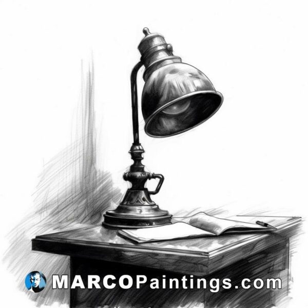 Black and white drawing about vintage lamp with book sitting on a table