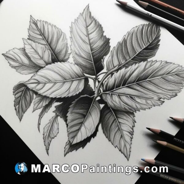 Black and white drawing leaves with sketch