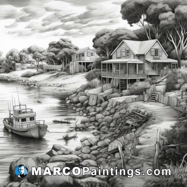 Black and white drawing of a black house and boat on the beach