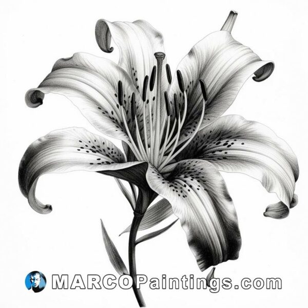 Black and white drawing of a black lily on white background