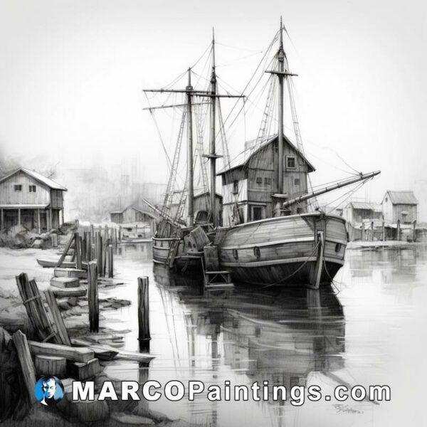 Black and white drawing of a boat docked in a harbor