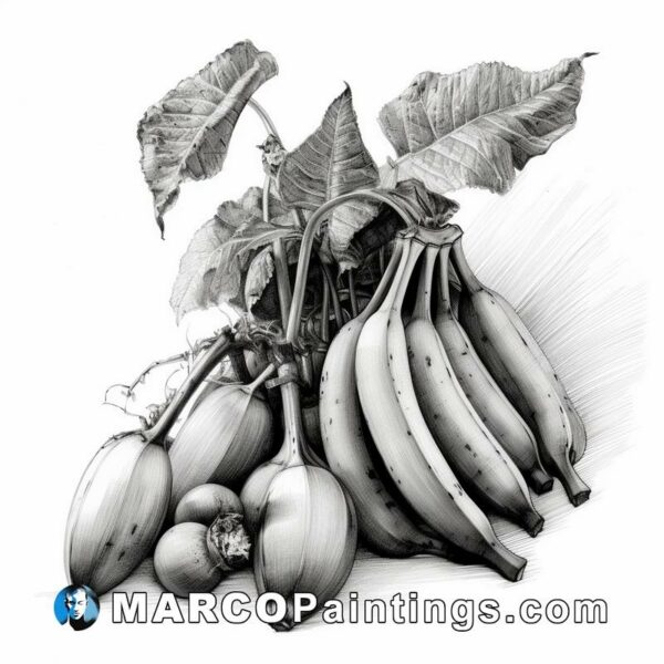 Black and white drawing of a bunch of bananas