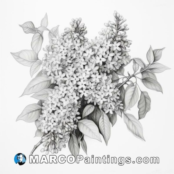 Black and white drawing of a bunch of lilacs
