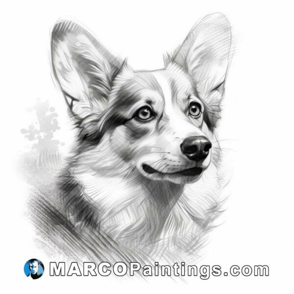 Black and white drawing of a corgi dog